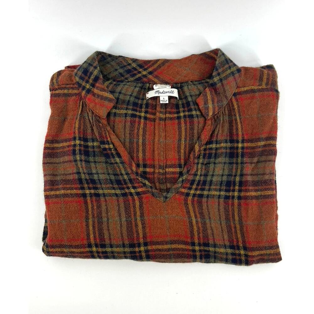 Madewell Plaid Flannel Split-Neck Pullover Blouse Size Large Rust Brown - Picture 10 of 10